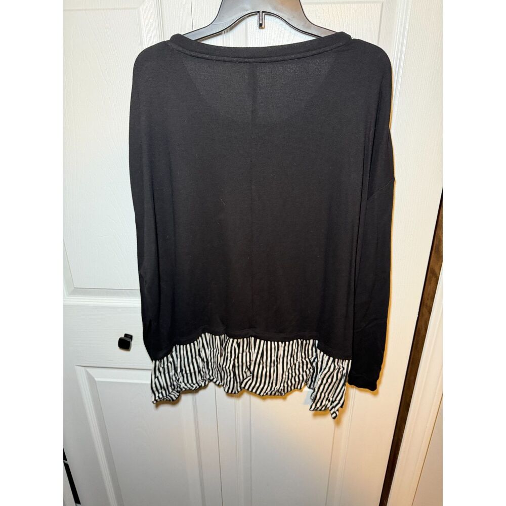 Massini Women’s 3X Black Striped Ruffle Hem Long Sleeve Tunic Top 1798
